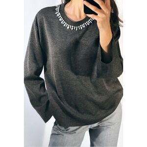 Zara Charcoal Gray Sweatshirt with Embellished Jewels Neckline SZ Medium